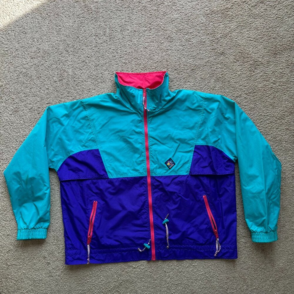 Woolrich Windbreaker Womens XL Vtg Full Zip Mock Neck Blueberry Colorblock